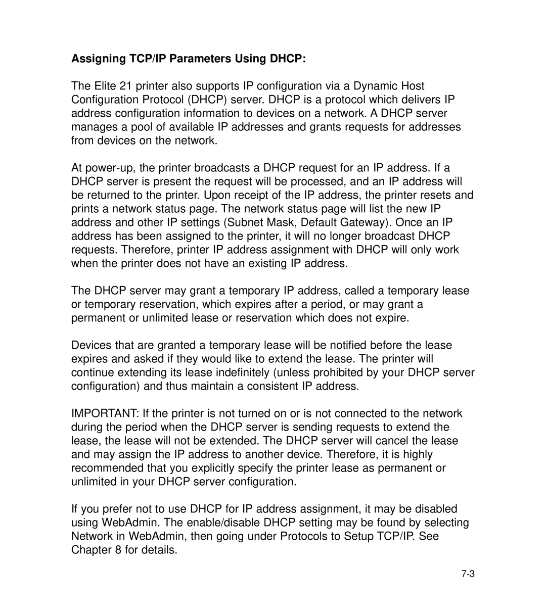 GCC Printers 21 Series manual Assigning TCP/IP Parameters Using Dhcp 