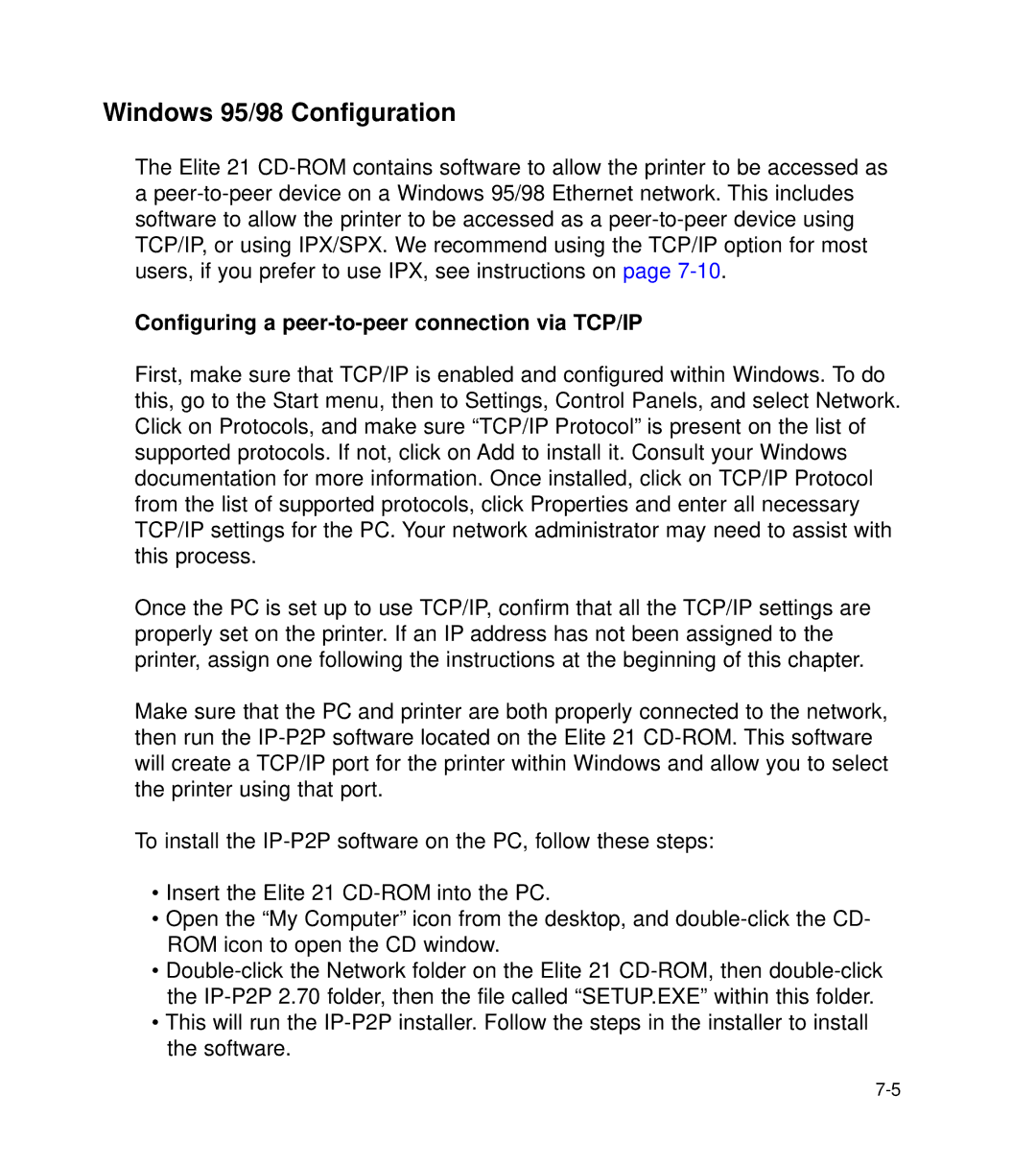 GCC Printers 21 Series manual Windows 95/98 Configuration, Configuring a peer-to-peer connection via TCP/IP 