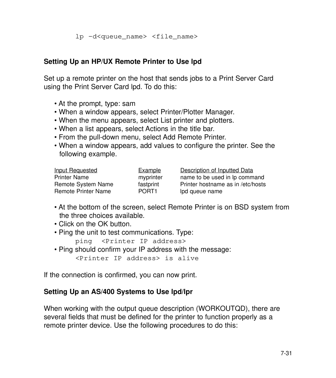GCC Printers 21 Series manual Setting Up an HP/UX Remote Printer to Use lpd, Setting Up an AS/400 Systems to Use lpd/lpr 