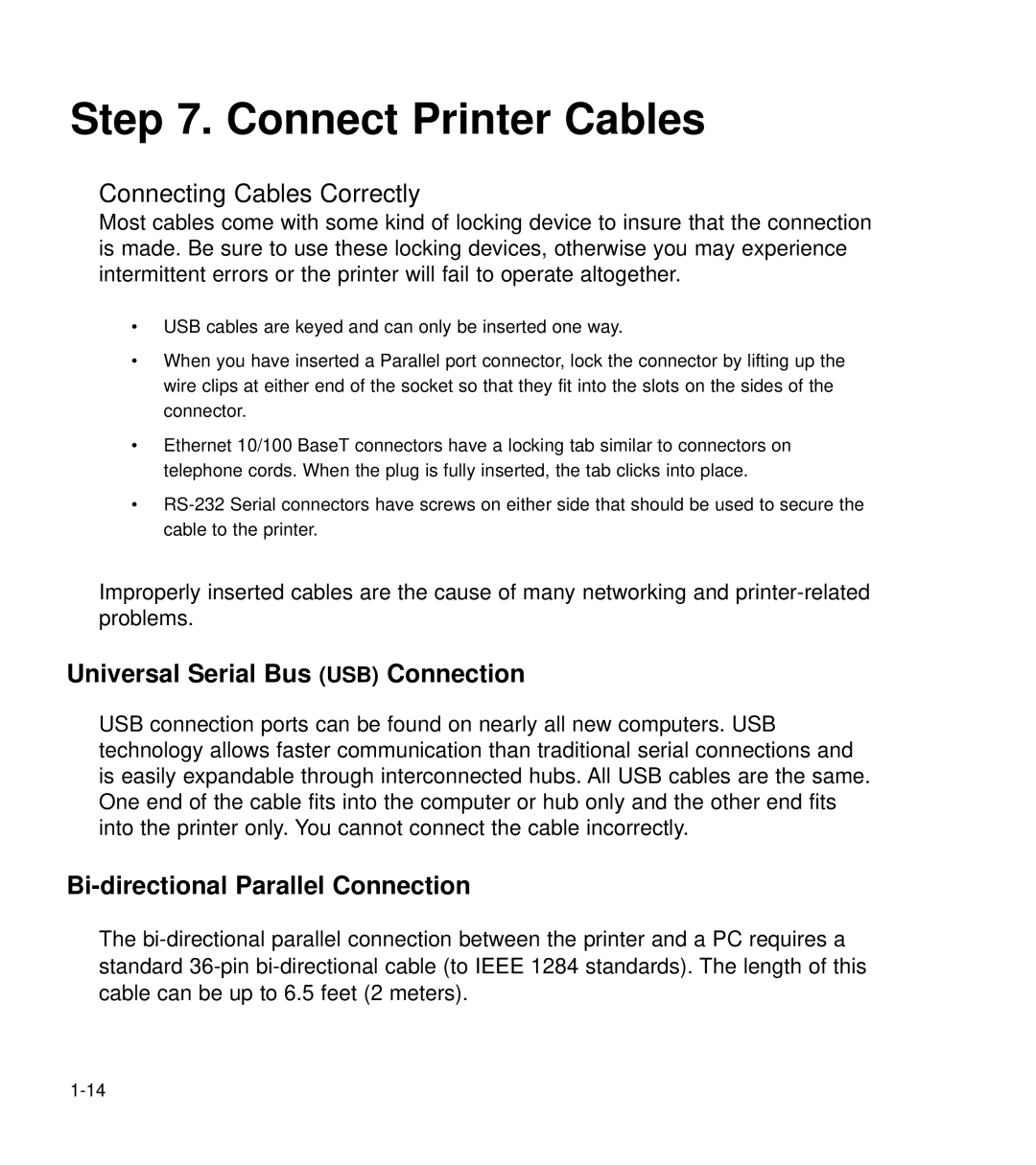 GCC Printers 21 Series manual Universal Serial Bus USB Connection, Bi-directional Parallel Connection 