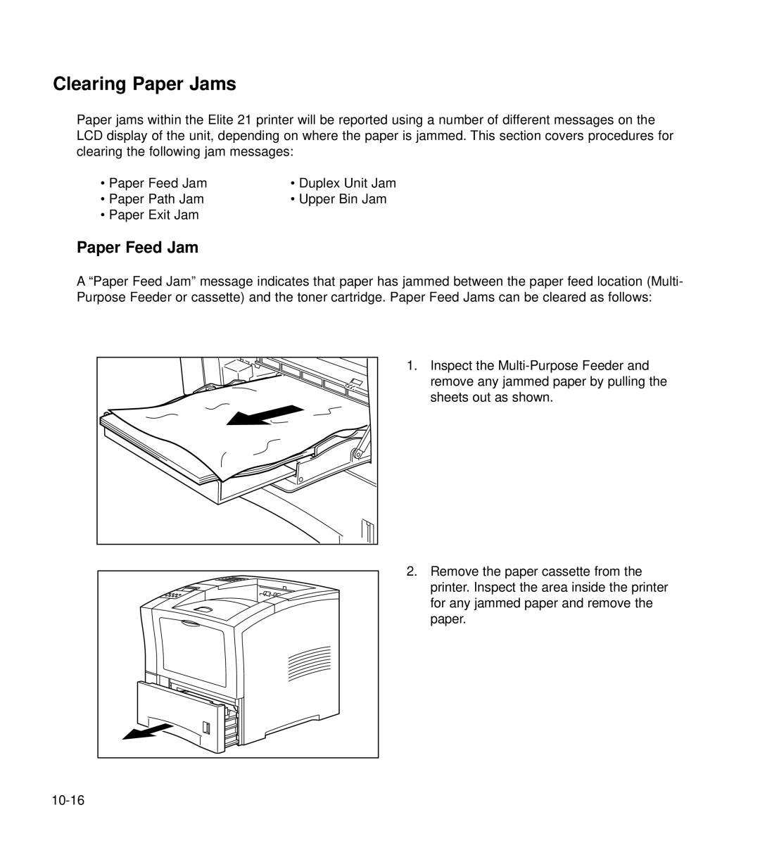 GCC Printers 21 Series manual Clearing Paper Jams, Paper Feed Jam 