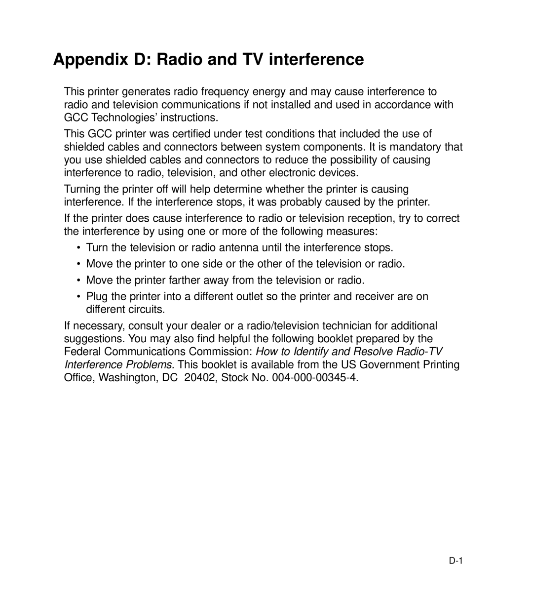 GCC Printers 21 Series manual Appendix D Radio and TV interference 