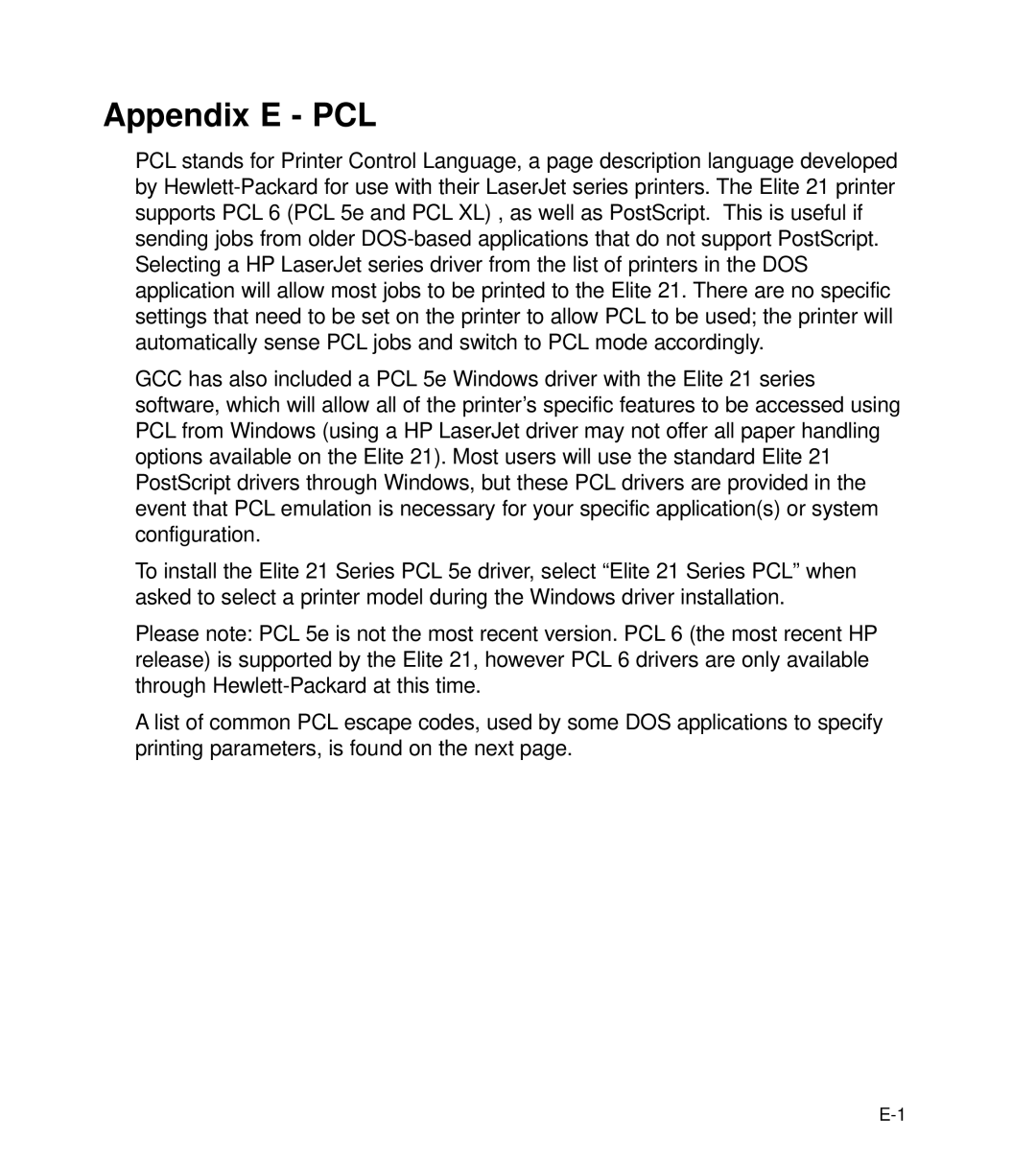 GCC Printers 21 Series manual Appendix E PCL 