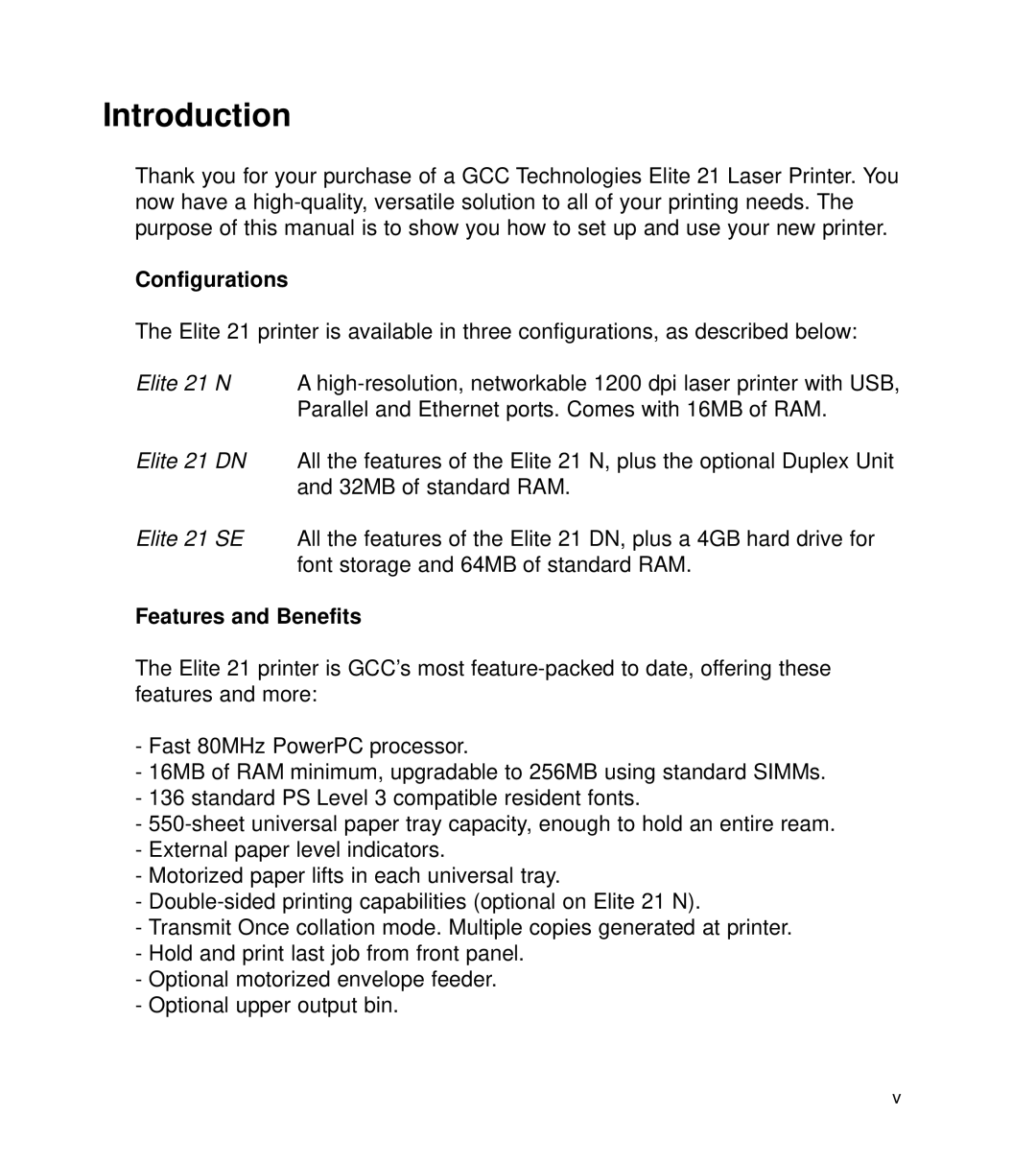 GCC Printers 21 Series manual Introduction, Configurations, Features and Benefits 