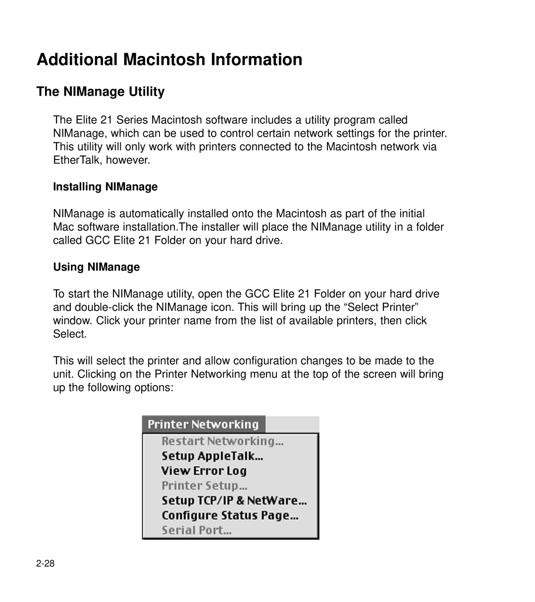 GCC Printers 21 Series manual Additional Macintosh Information, NIManage Utility, Installing NIManage, Using NIManage 