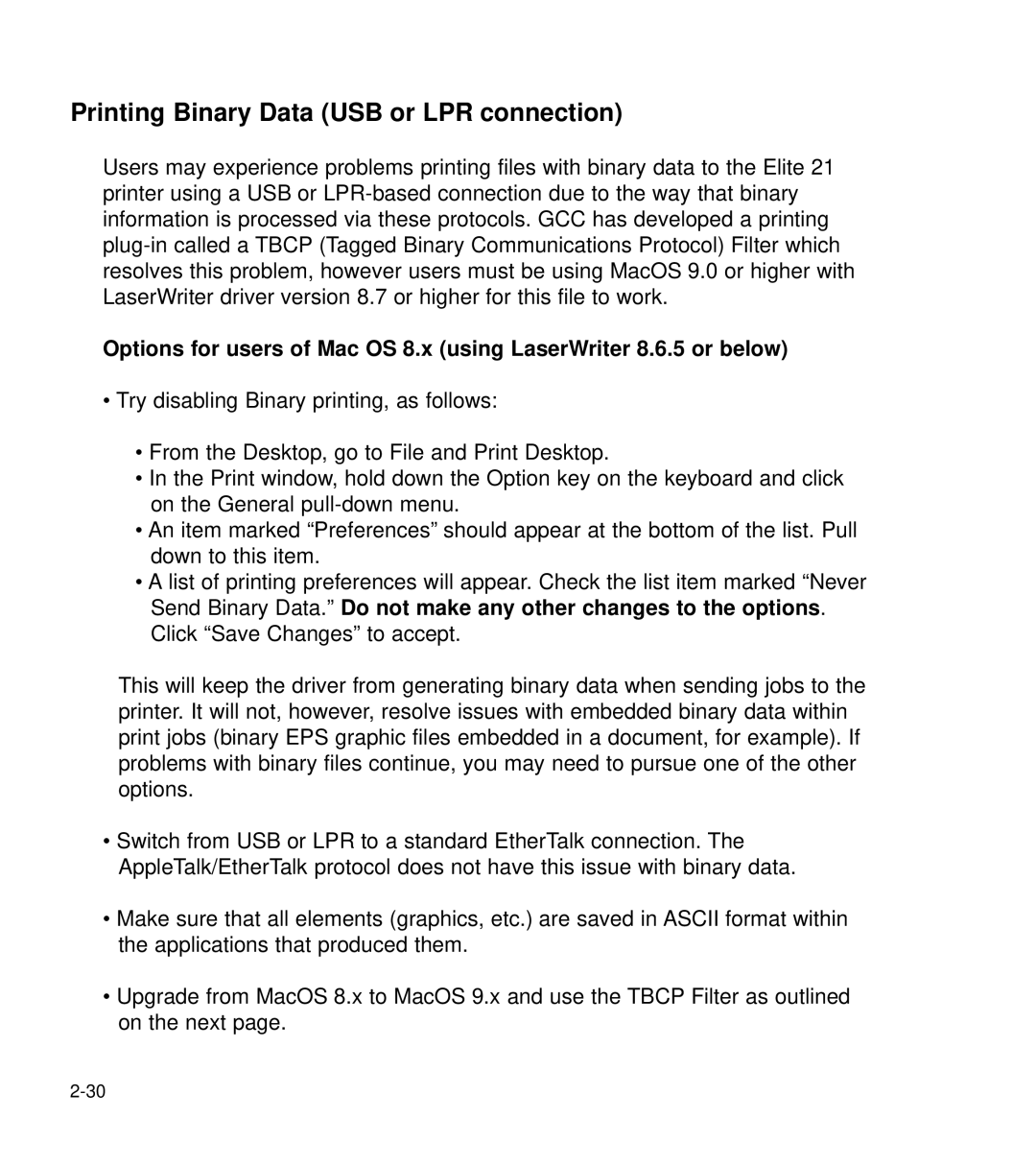 GCC Printers 21 Series manual Printing Binary Data USB or LPR connection 