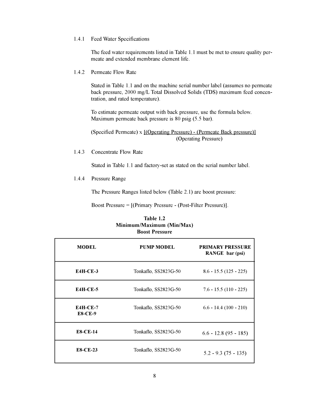 GE 000 gpd to 288 manual Minimum/Maximum Min/Max Boost Pressure, Model Pump Model Primary Pressure 