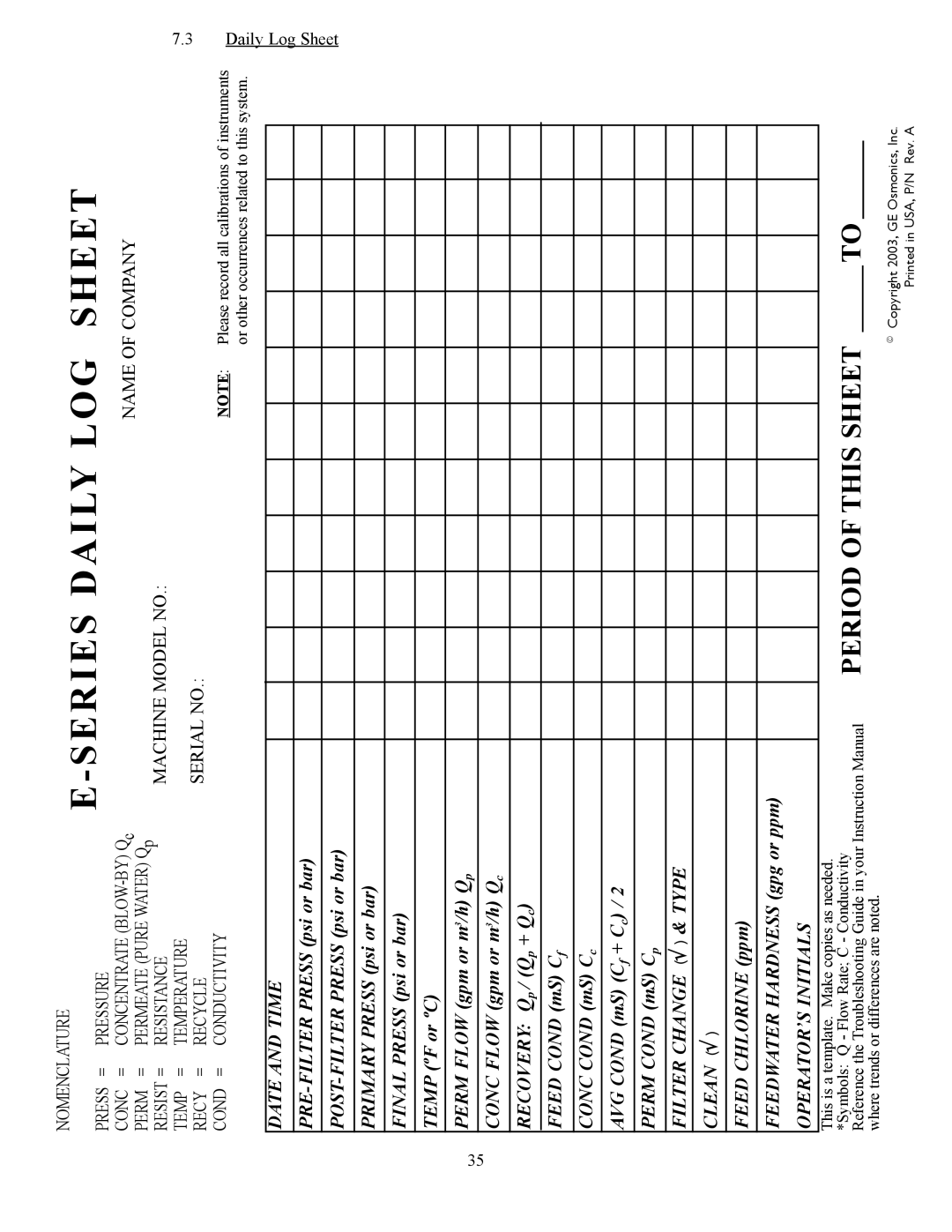 GE 000 gpd to 288, E4H-CE Series, E8-CE Series manual Series Daily LOG Sheet 