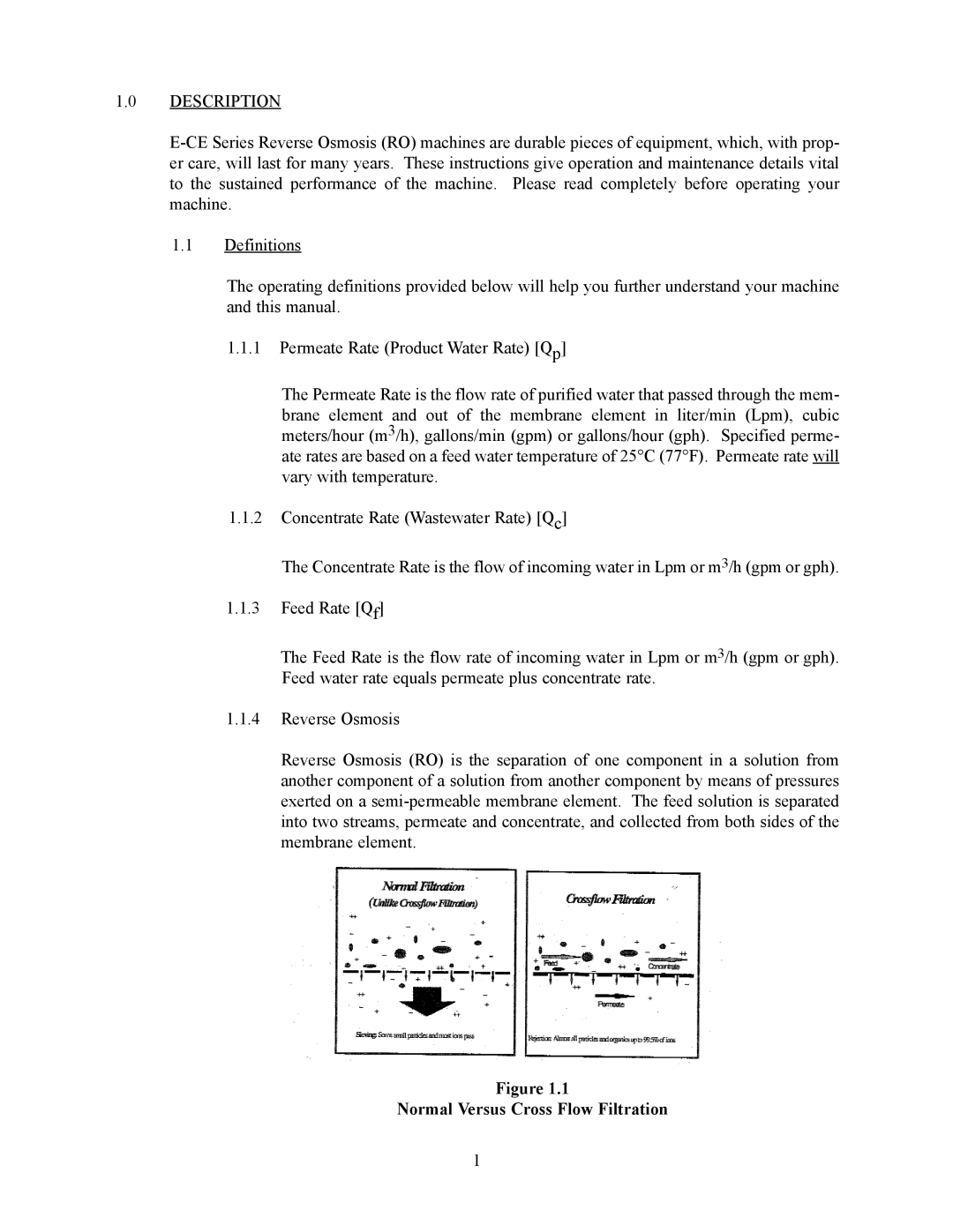 GE 000 gpd to 288, E4H-CE Series, E8-CE Series manual Description, Normal Versus Cross Flow Filtration 