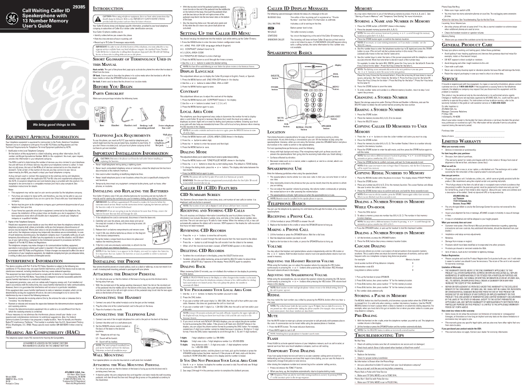 GE 00000737 installation instructions Introduction, Setting UP the Caller ID Menu, Caller ID Display Messages, Service 