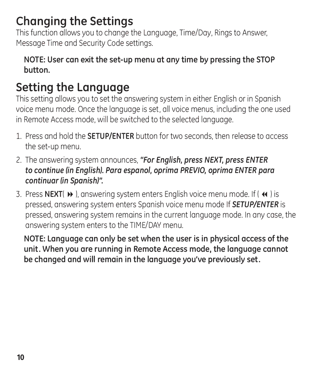 GE 00003287 manual Changing the Settings, Setting the Language 