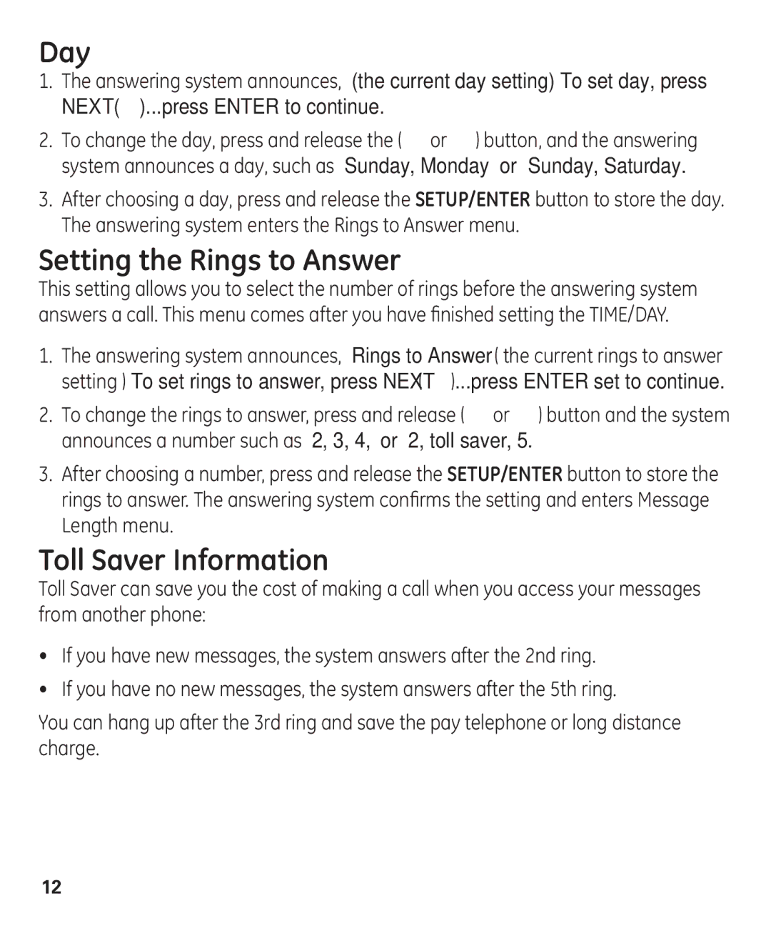 GE 00003287 manual Day, Setting the Rings to Answer, Toll Saver Information 