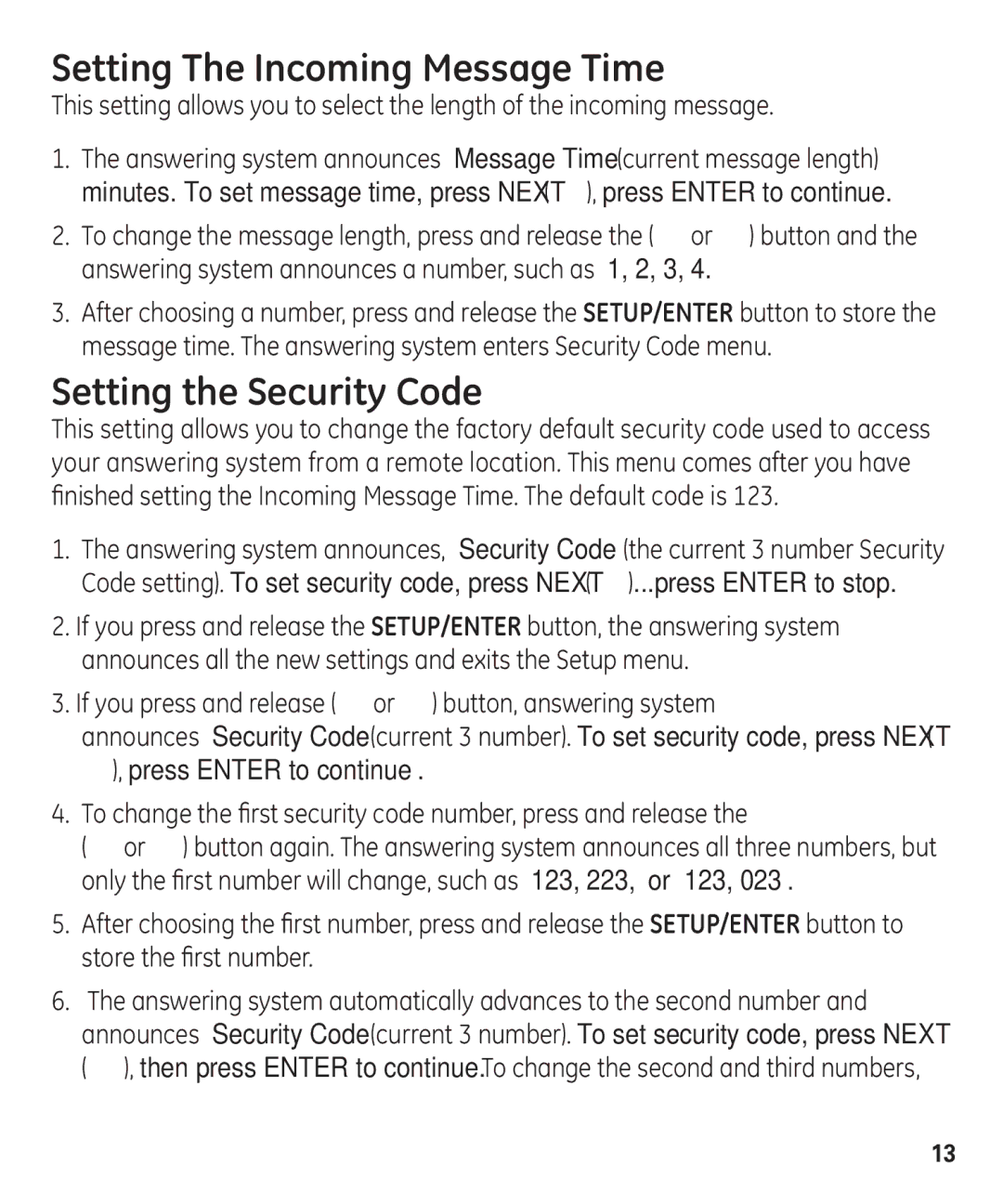 GE 00003287 manual Setting The Incoming Message Time, Setting the Security Code 