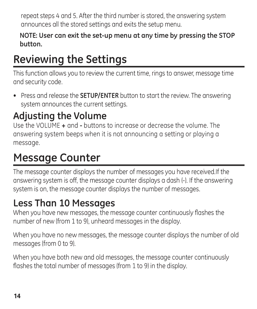 GE 00003287 manual Reviewing the Settings, Message Counter, Adjusting the Volume, Less Than 10 Messages 