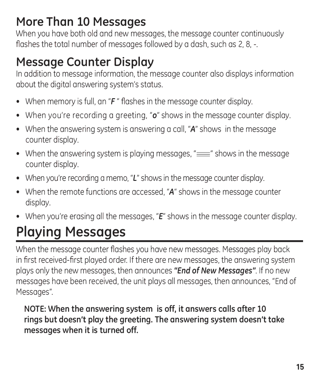 GE 00003287 manual Playing Messages, More Than 10 Messages, Message Counter Display 