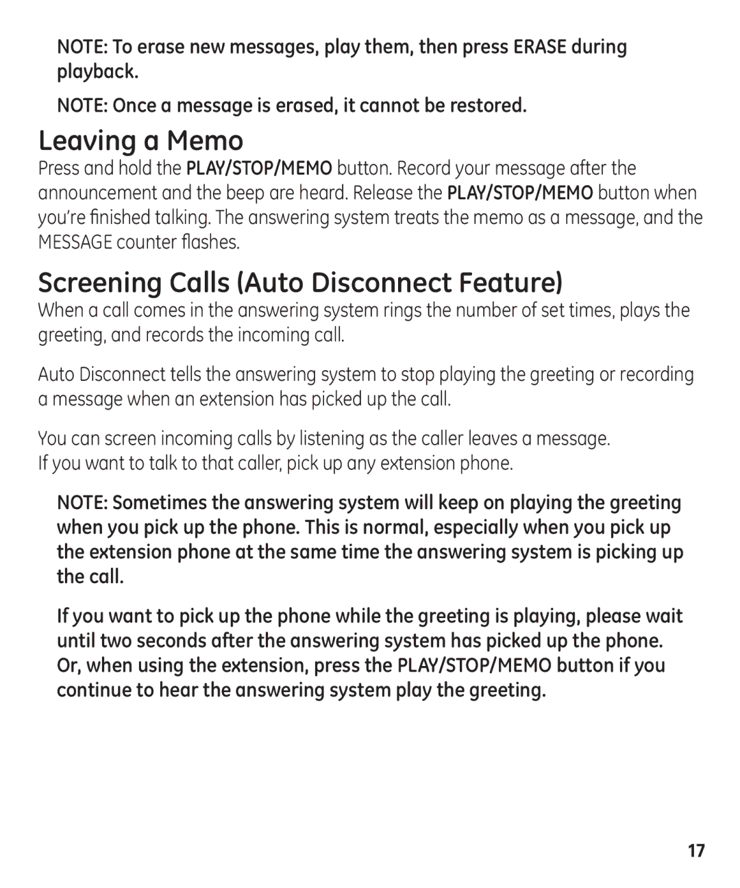 GE 00003287 manual Leaving a Memo, Screening Calls Auto Disconnect Feature 