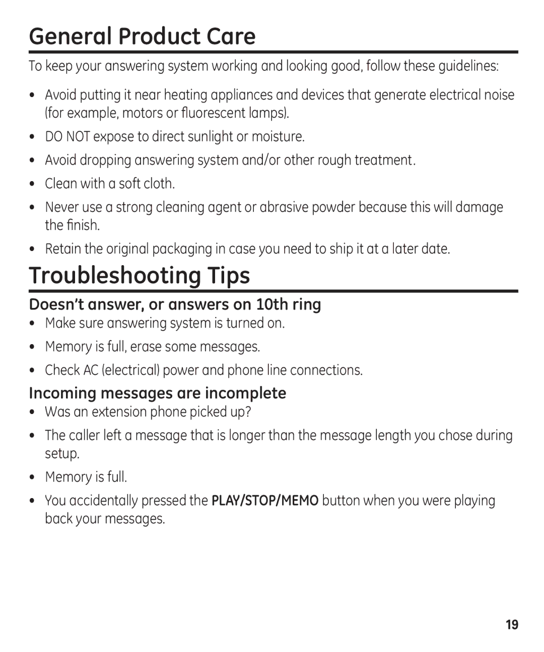 GE 00003287 manual General Product Care, Troubleshooting Tips 