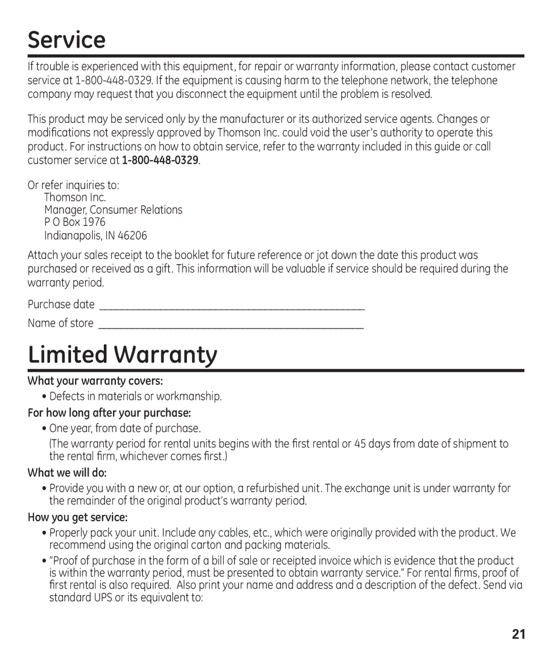 GE 00003287 manual Service, Limited Warranty 