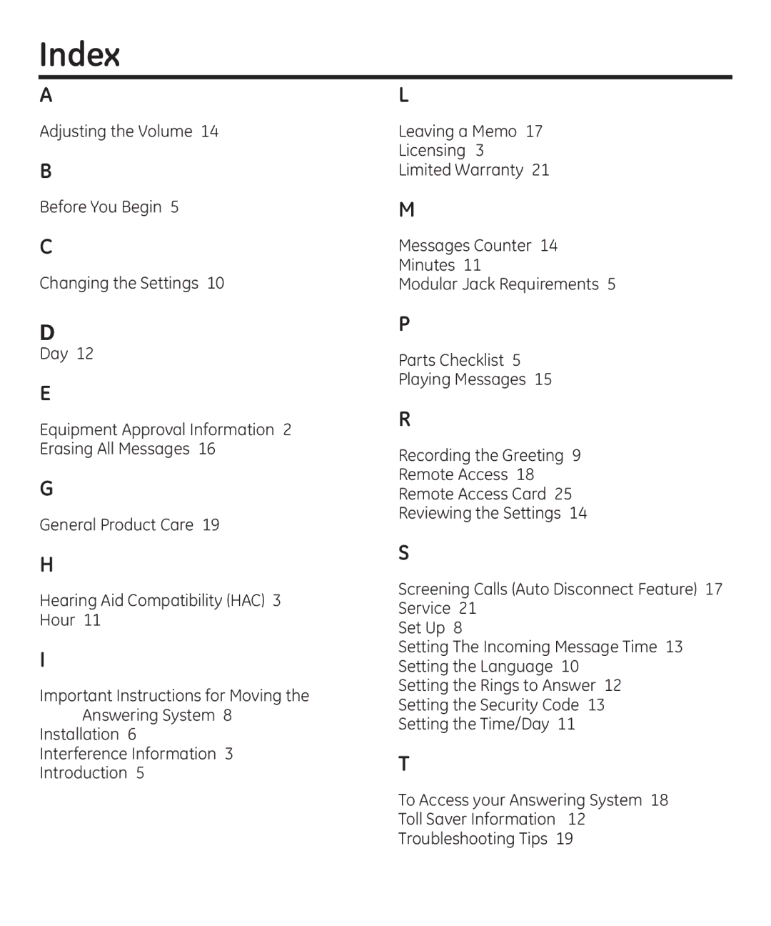 GE 00003287 manual Index 