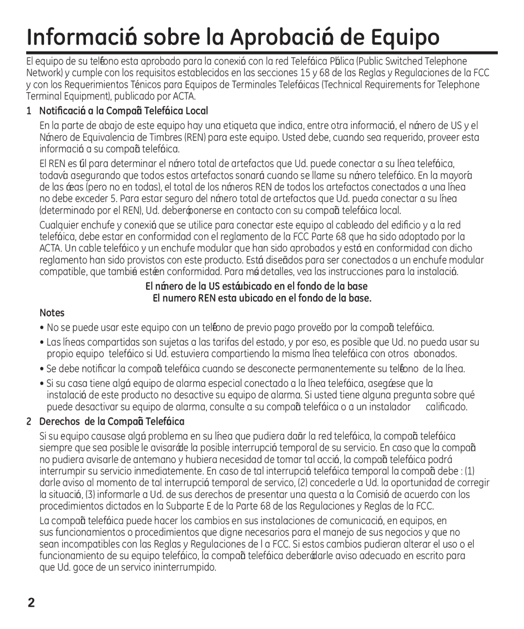 GE 00003287 manual Información sobre la Aprobación de Equipo, Notificación a la Compañía Telefónica Local 