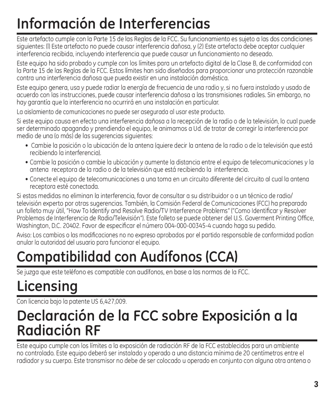 GE 00003287 manual Información de Interferencias, Compatibilidad con Audífonos CCA 