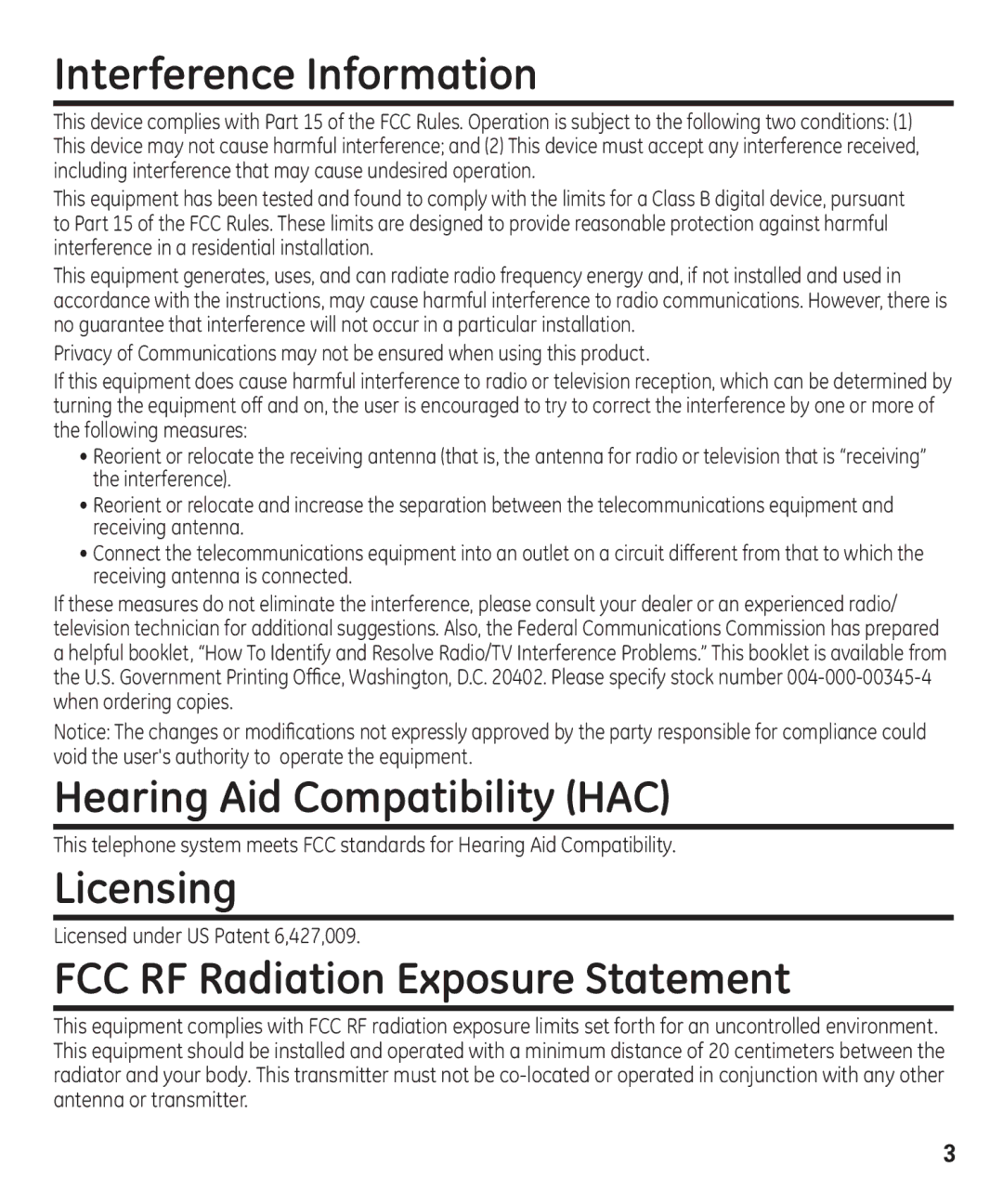 GE 00003287 manual Interference Information, Hearing Aid Compatibility HAC, Licensing, FCC RF Radiation Exposure Statement 