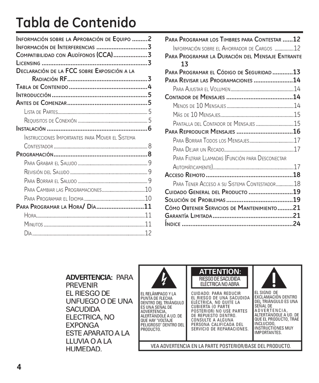 GE 00003287 manual Tabla de Contenido, Información de Interferencias 