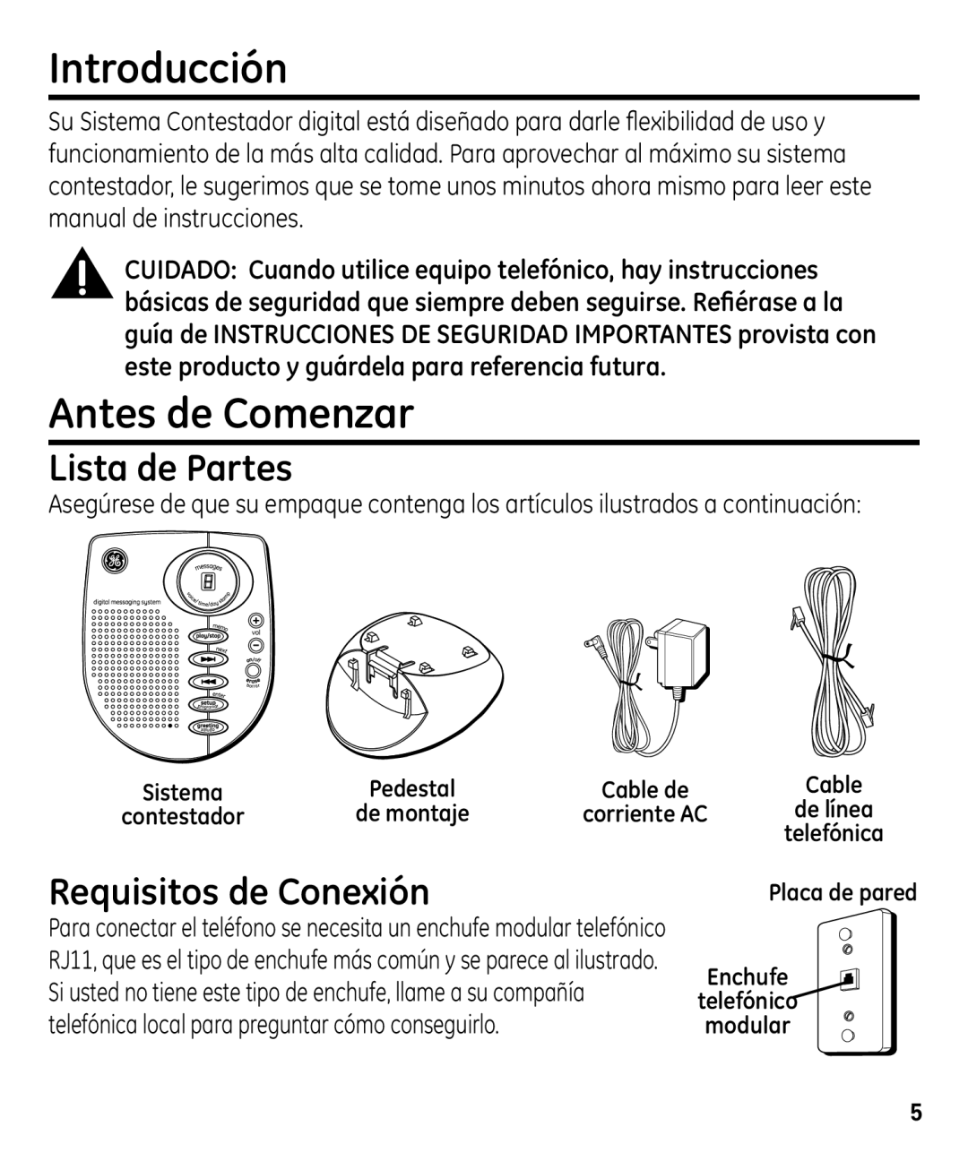 GE 00003287 manual Introducción, Antes de Comenzar, Lista de Partes, Requisitos de Conexión 