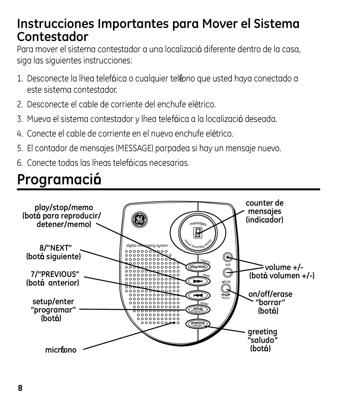 GE 00003287 manual Programación, Instrucciones Importantes para Mover el Sistema Contestador 