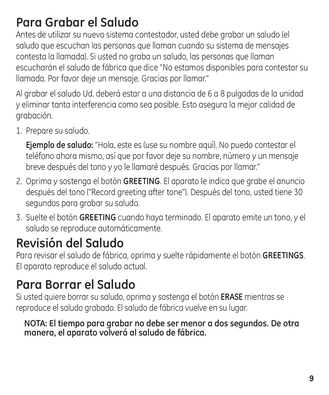 GE 00003287 manual Para Grabar el Saludo, Revisión del Saludo, Para Borrar el Saludo 