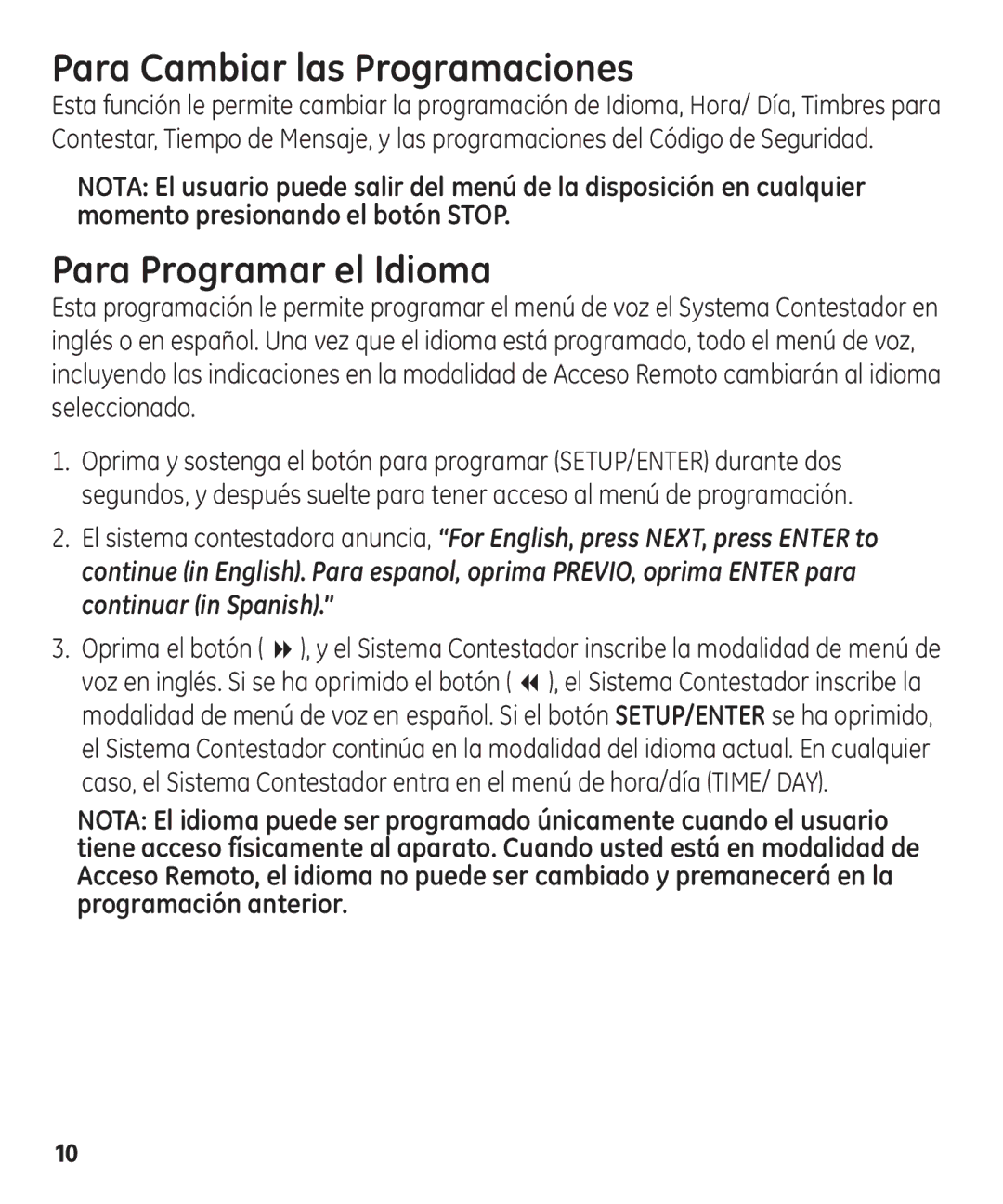 GE 00003287 manual Para Cambiar las Programaciones, Para Programar el Idioma 