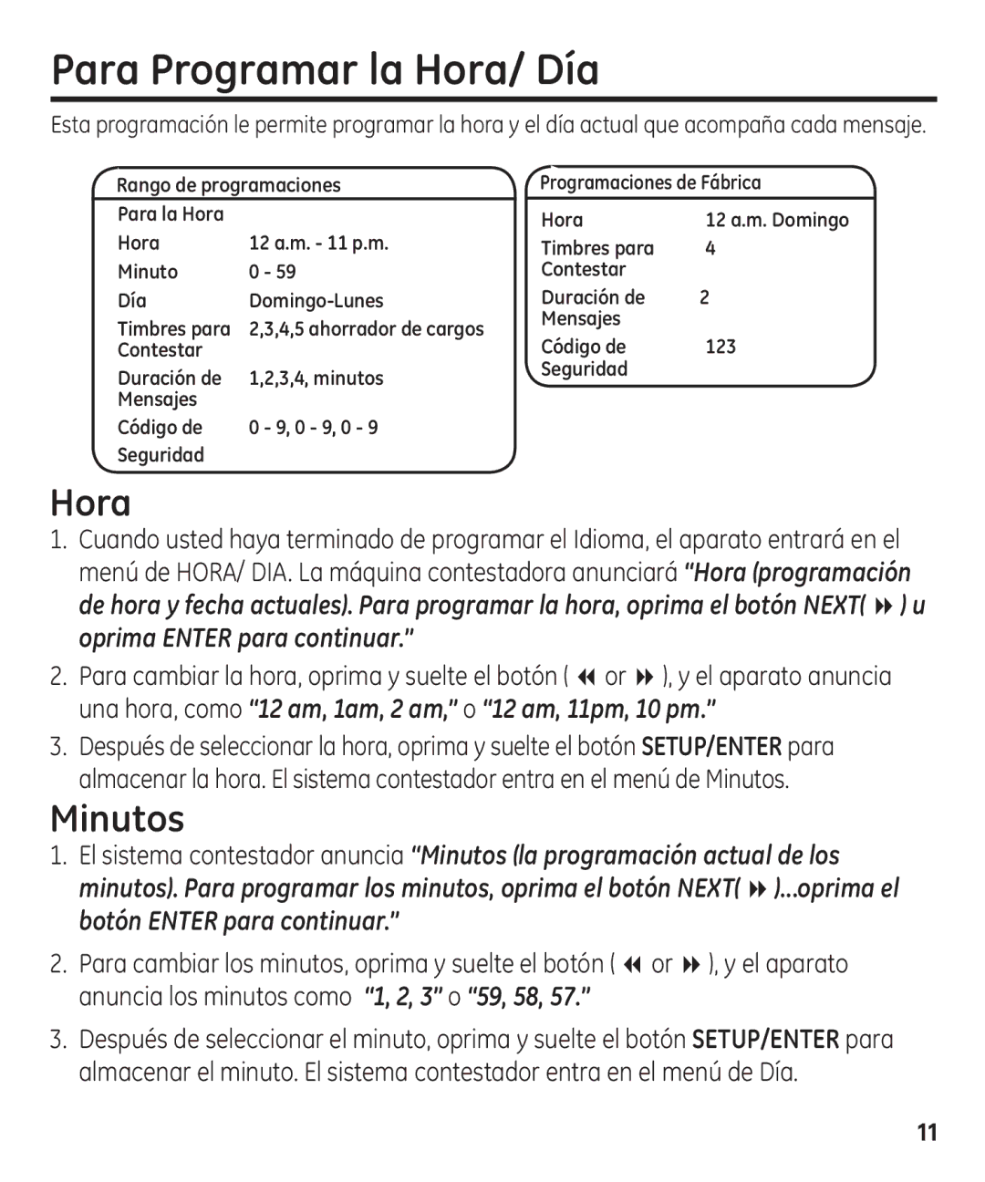 GE 00003287 manual Para Programar la Hora/ Día, Minutos 