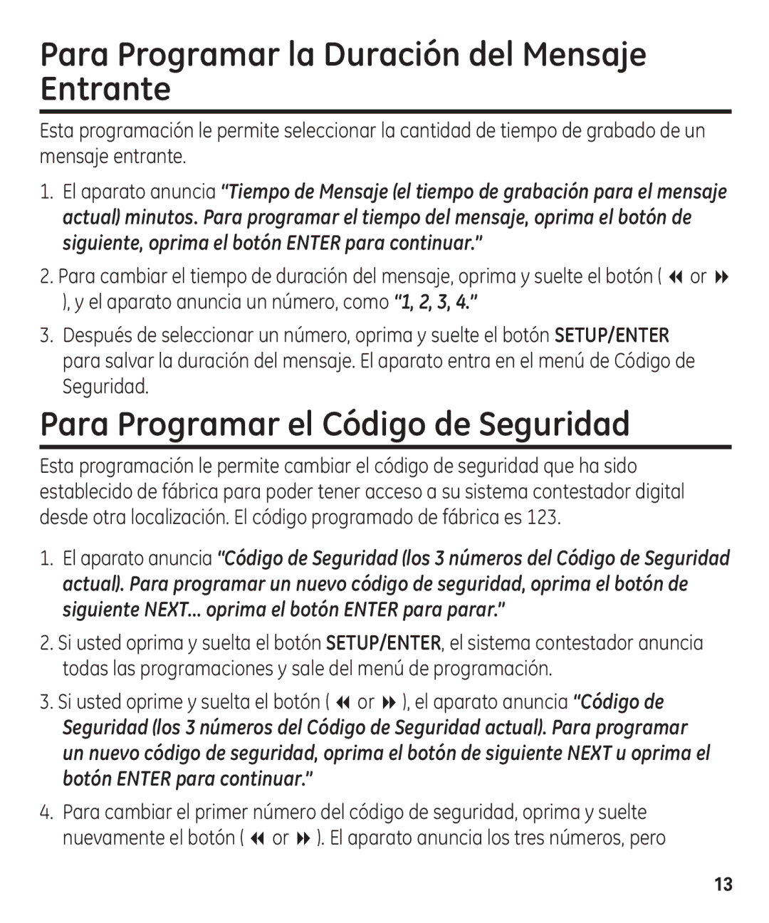 GE 00003287 manual Para Programar la Duración del Mensaje Entrante, Para Programar el Código de Seguridad 