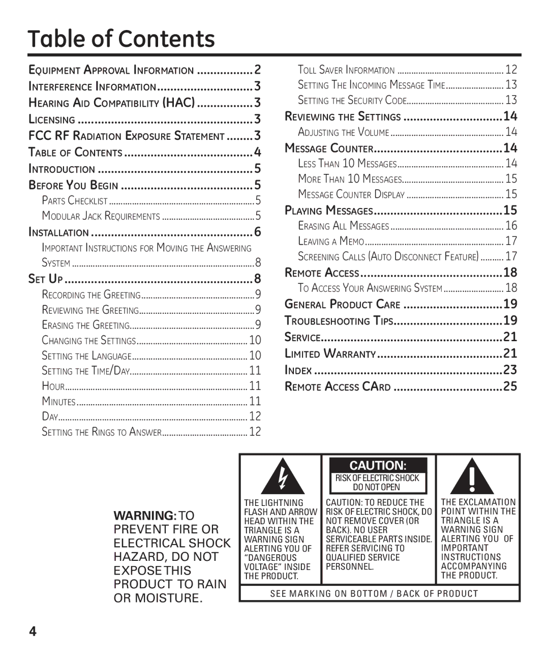 GE 00003287 manual Table of Contents 