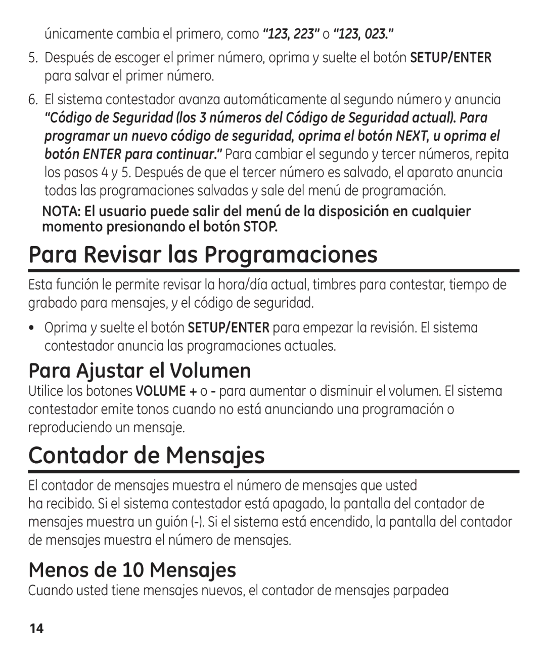 GE 00003287 manual Para Revisar las Programaciones, Contador de Mensajes, Para Ajustar el Volumen, Menos de 10 Mensajes 