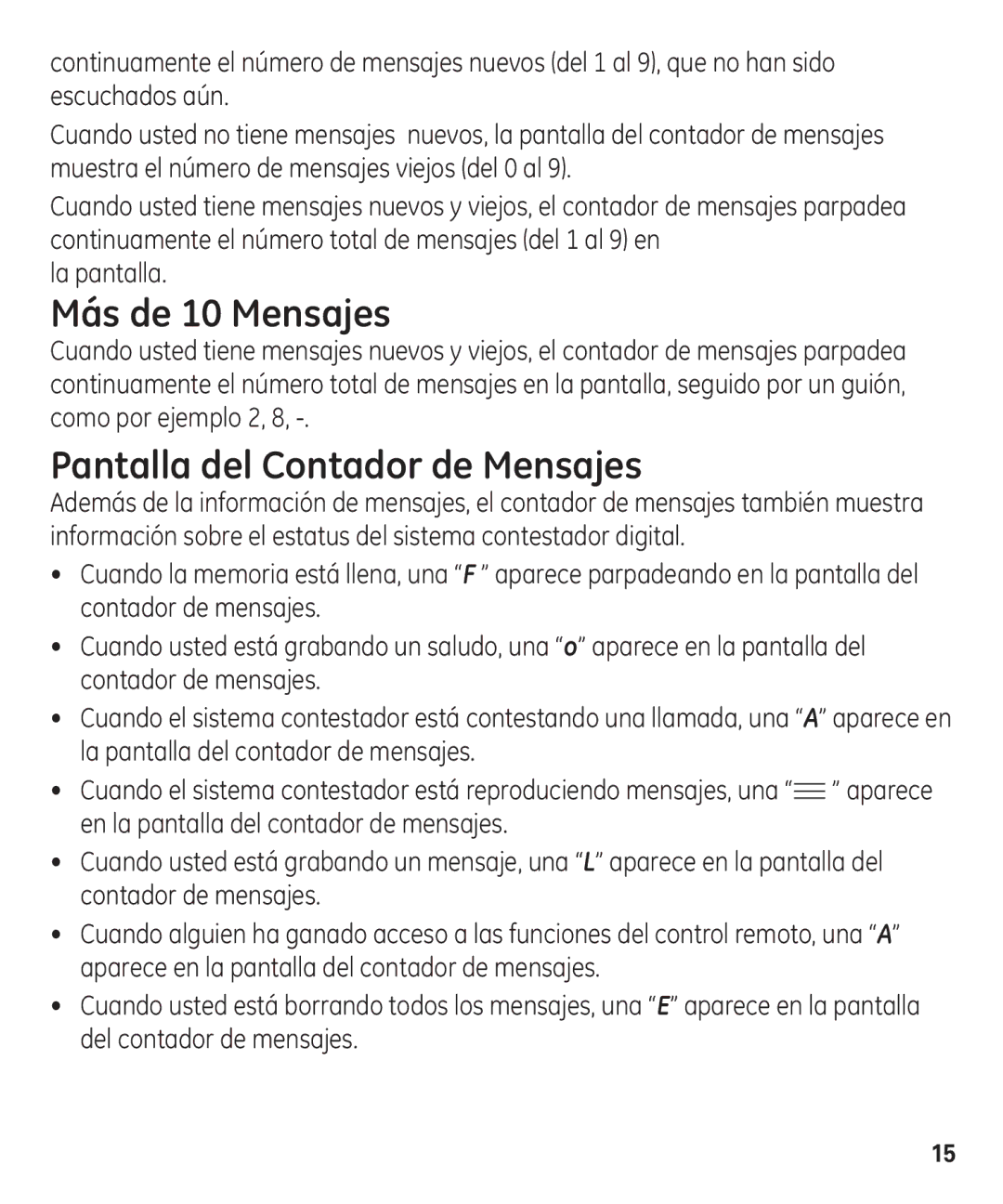 GE 00003287 manual Más de 10 Mensajes, Pantalla del Contador de Mensajes 