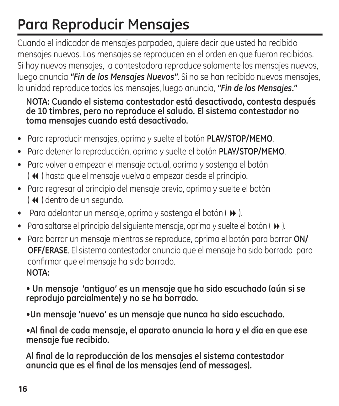 GE 00003287 manual Para Reproducir Mensajes, Nota 