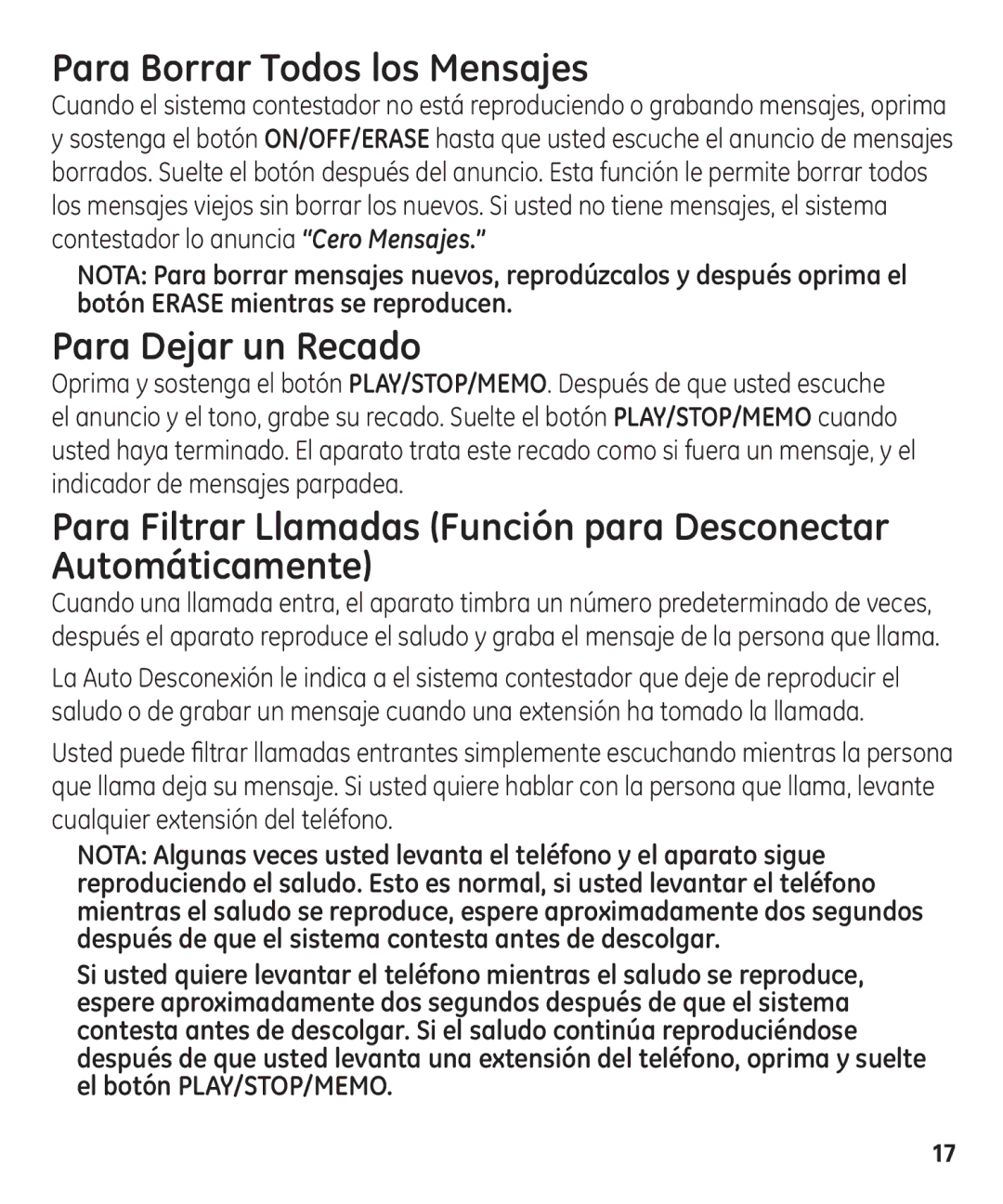 GE 00003287 manual Para Borrar Todos los Mensajes, Para Dejar un Recado 