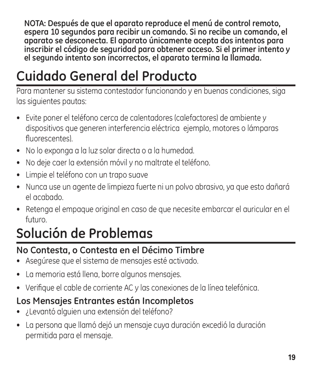 GE 00003287 manual Cuidado General del Producto, Solución de Problemas 