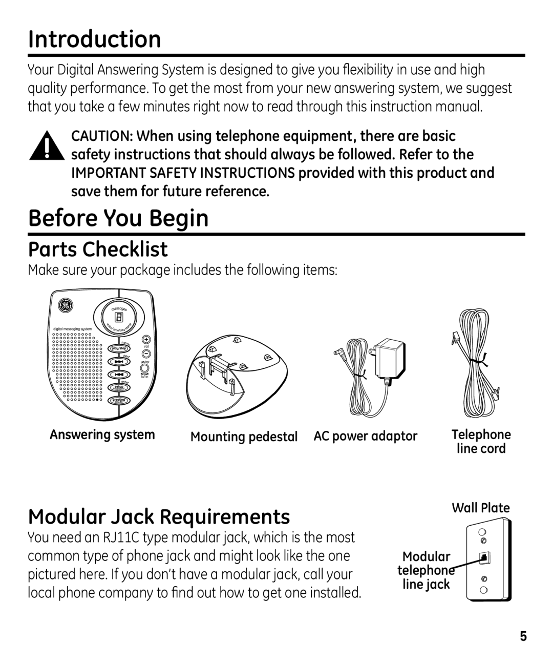 GE 00003287 manual Introduction Before You Begin, Parts Checklist, Modular Jack Requirements 