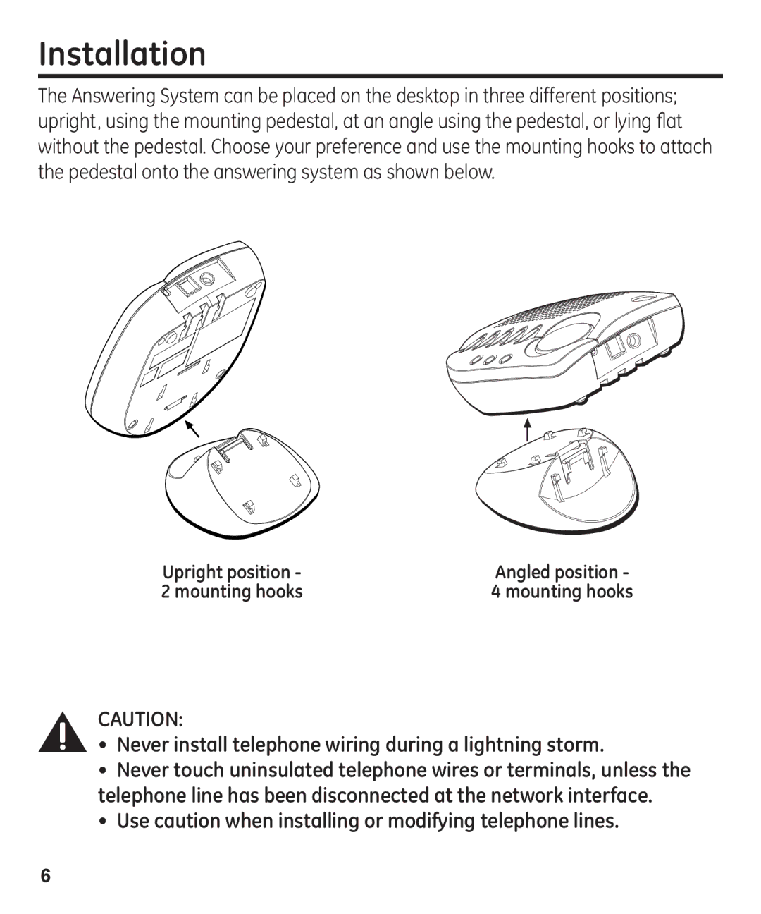 GE 00003287 manual Installation, Never install telephone wiring during a lightning storm 