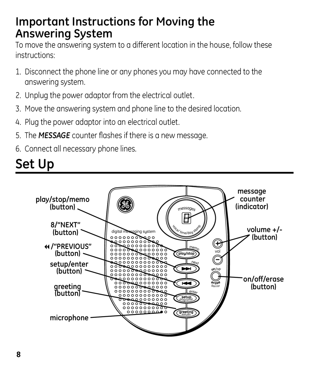 GE 00003287 manual Set Up, Important Instructions for Moving the Answering System 