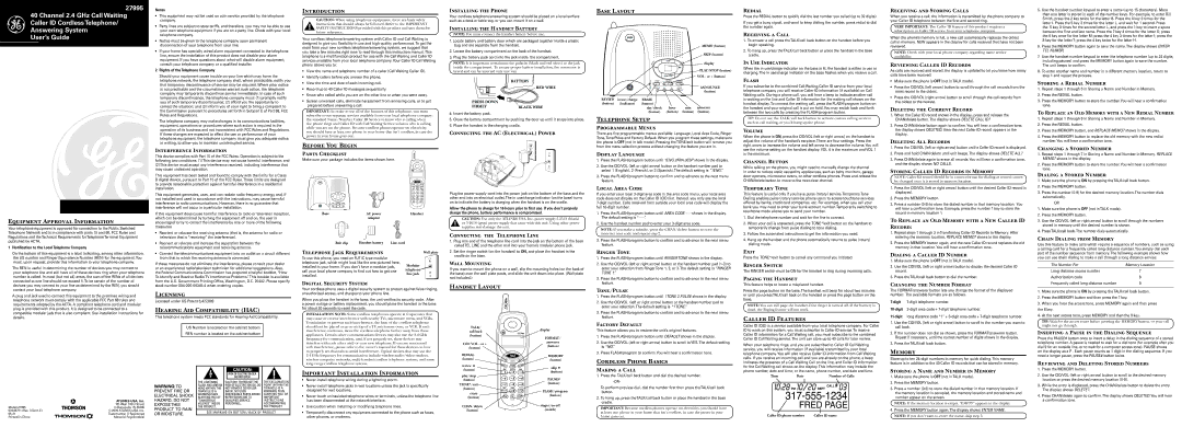 GE 00003771 owner manual Equipment Approval Information, Licensing, Hearing Aid Compatibility HAC, Introduction, Memory 