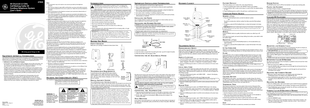 GE 00004236 important safety instructions Cordless Phone Basics, Caller ID Features, Before You Begin, Telephone Setup 