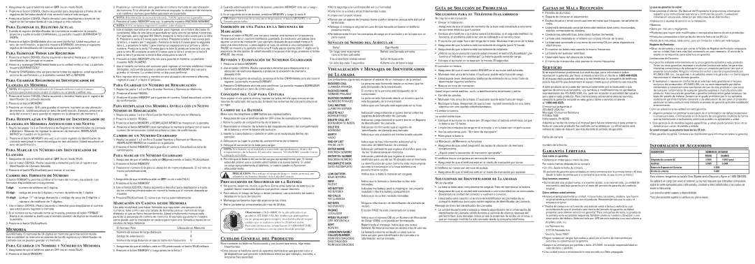 GE 00004236 Memoria, Cuidado General del Producto, Visualización y Mensajes de Identificador de Llamada, Servicio 