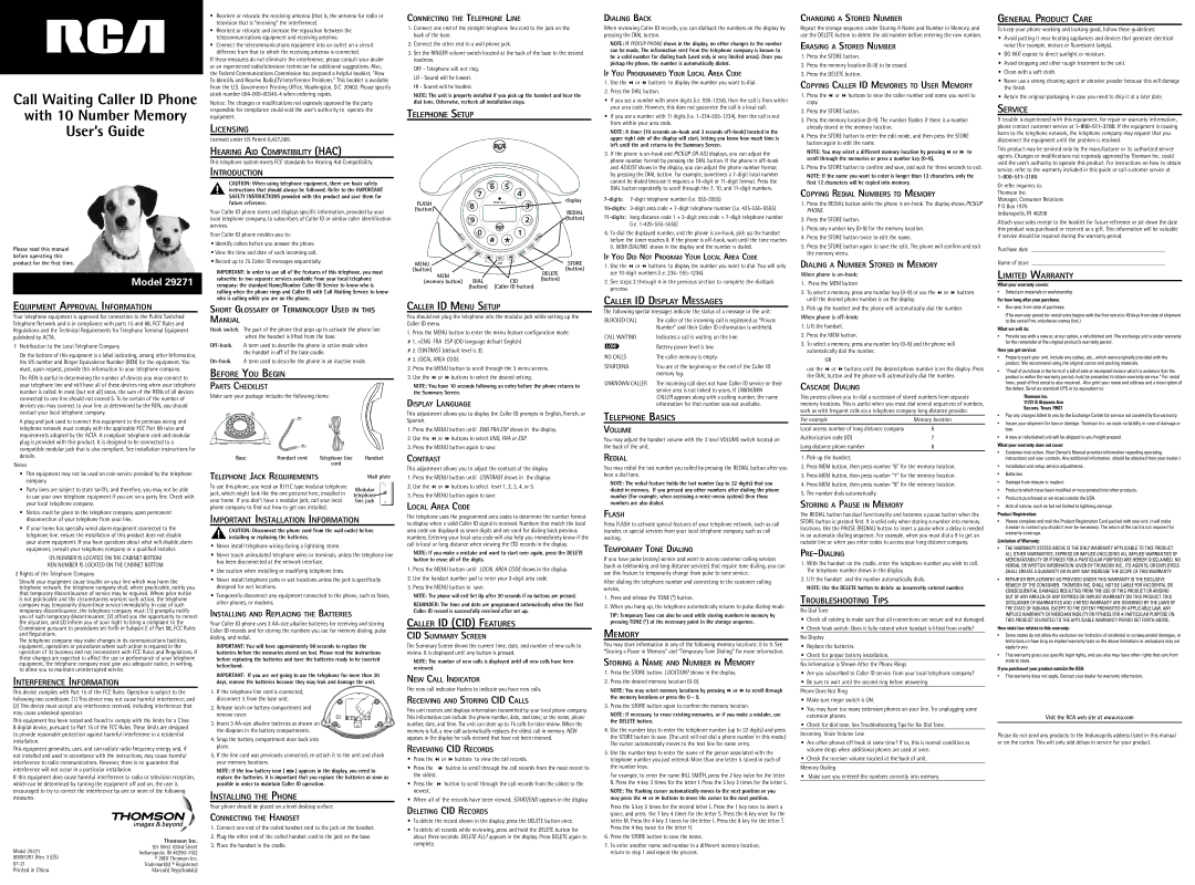 GE 29271 warranty Equipment Approval Information, Interference Information, Licensing, Hearing Aid Compatibility HAC 