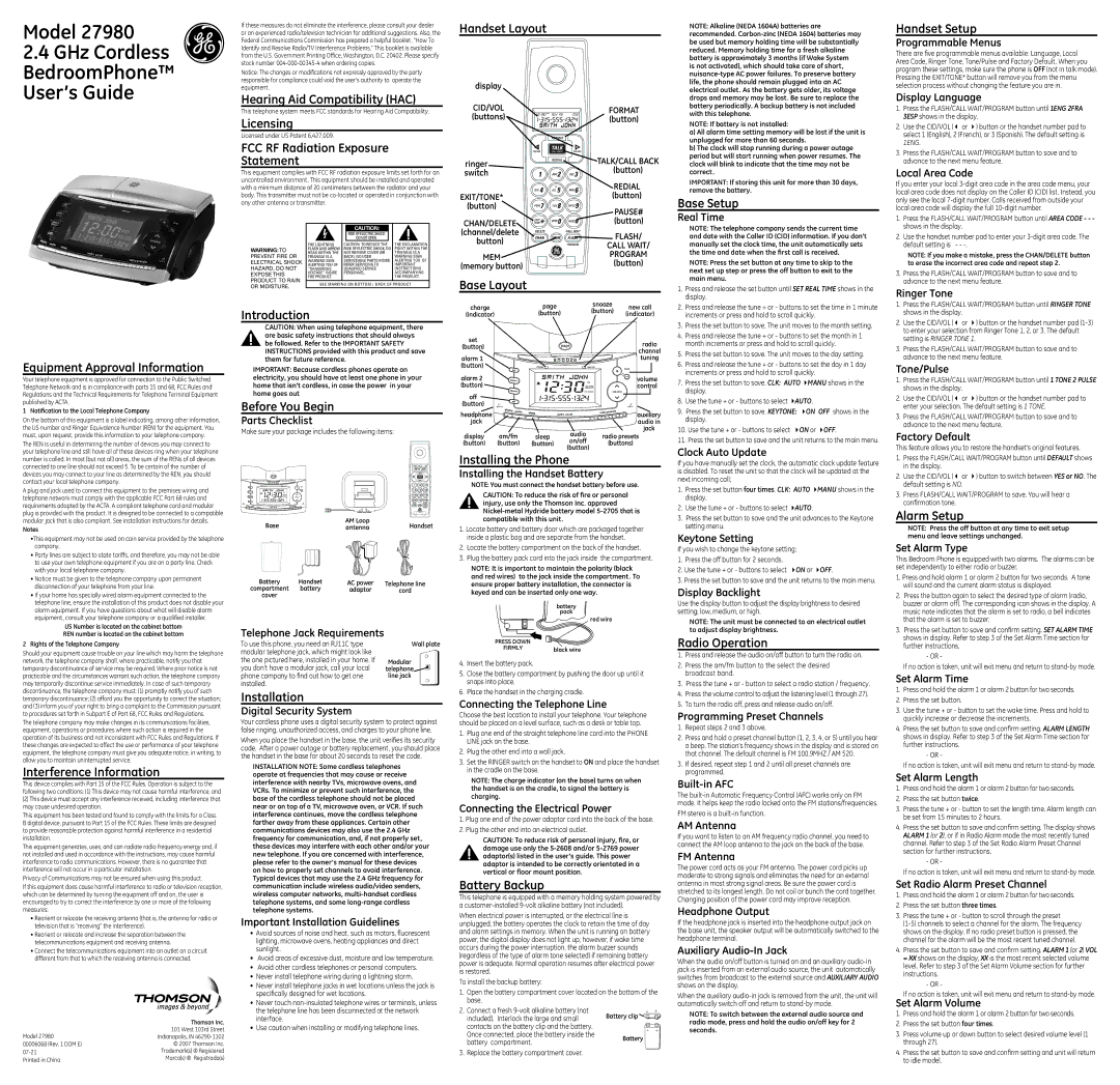 GE 00006068 installation instructions Handset Layout, Hearing Aid Compatibility HAC, Licensing, Base Setup, Base Layout 