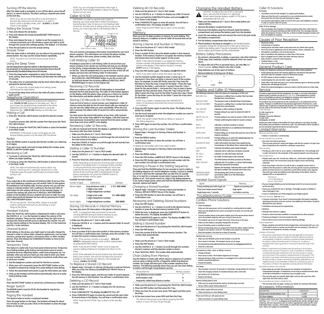 GE 00006068 Telephone Operation, Caller ID CID, Memory, Changing the Handset Battery, Display and Caller ID Messages 