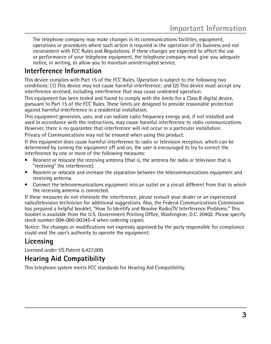 GE 25205, 00019577 manual Interference Information, Licensing, Hearing Aid Compatibility, Licensed under US Patent 6,427,009 