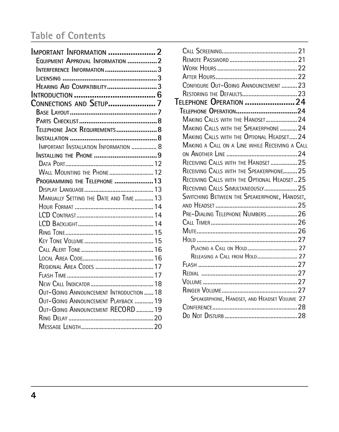 GE 00019577, 25205 manual Table of Contents 